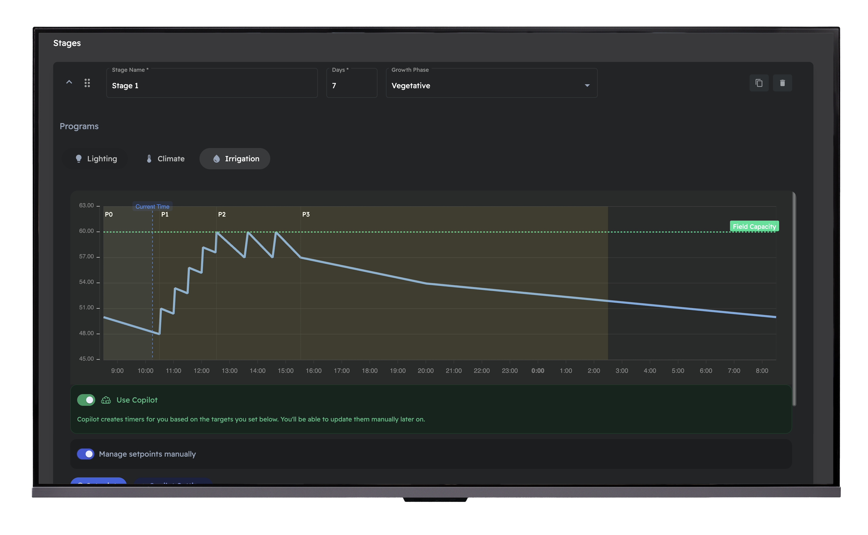 GrowlinkOS Blueprint editor — irrigation strategy with dryback targets, shot timing, and EC